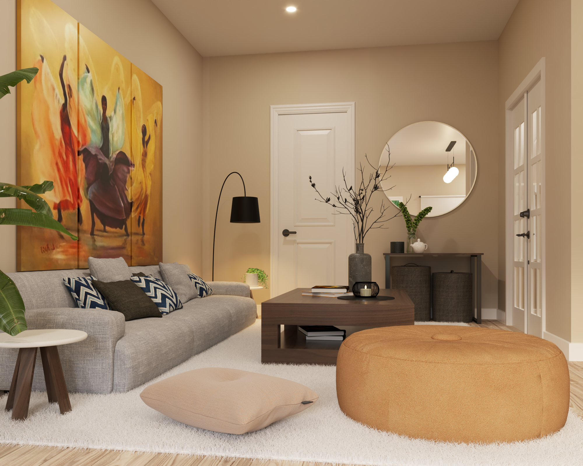 A cozy living room featuring a blend of modern and traditional design elements.