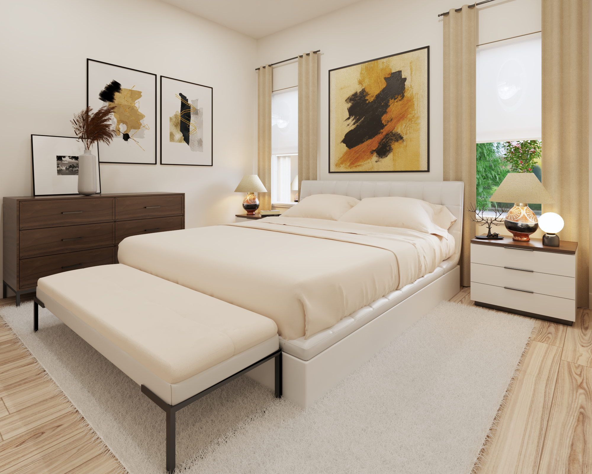 A serene bedroom with a minimalist aesthetic and calming color palette.