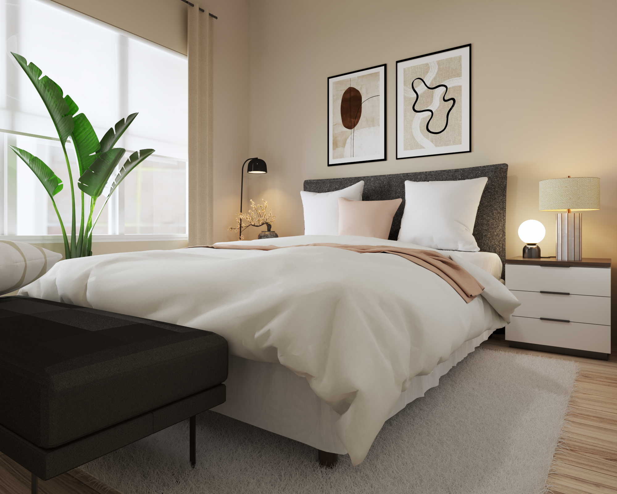 A luxurious bedroom with elegant fixtures and a spa-like atmosphere.