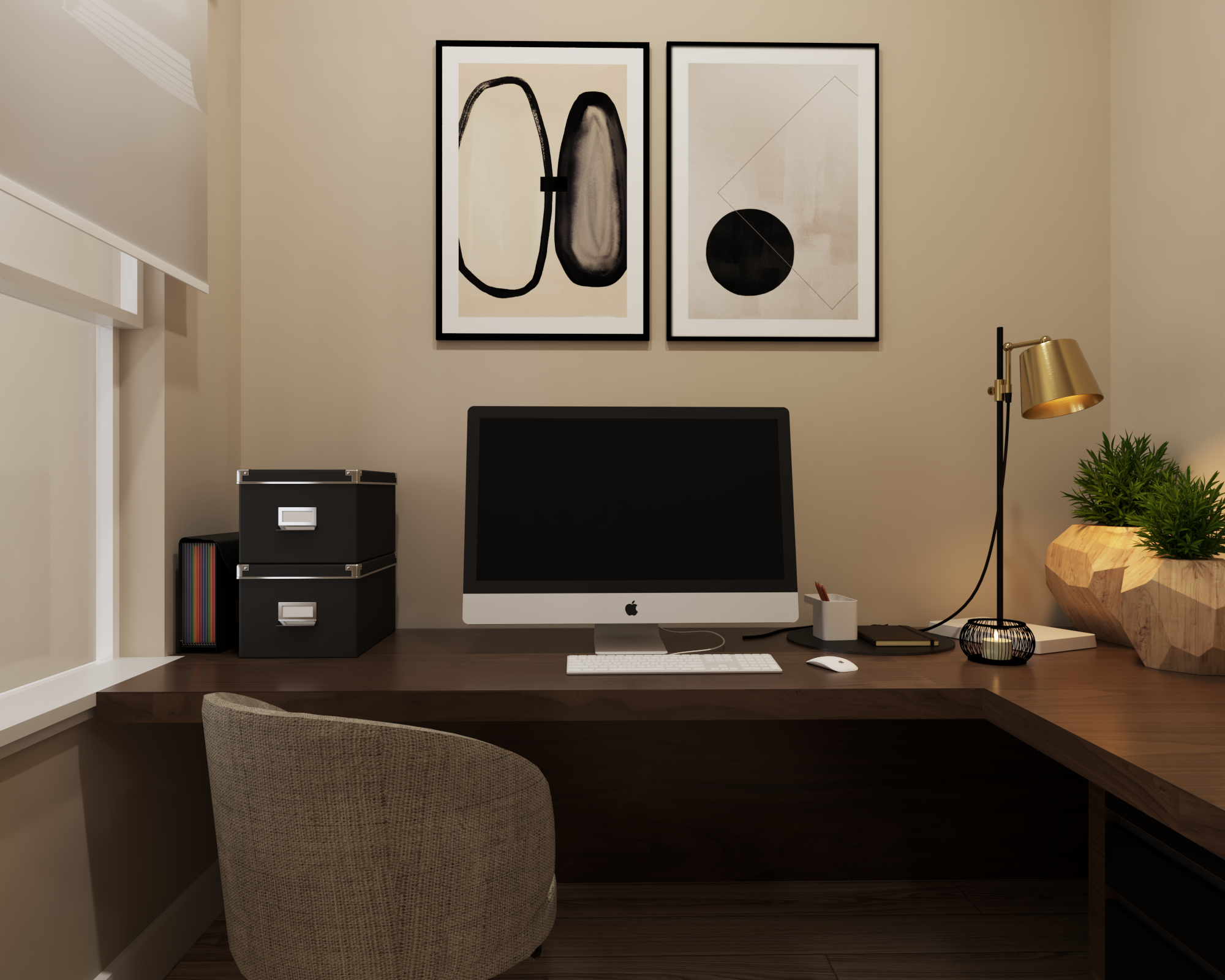 A stylish studio apartment with modern furnishings and a cozy atmosphere.